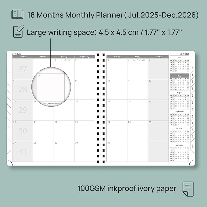 POPRUN Monthly Planner 2025-2026 Spiral Bound (8.5'' x 10.5'') 18 Months Calendar (Jul 2025 - Dec 2026) - 4 Pages per Month with Monthly Expense & Notes, Sunday Start, Leather Cover - Night Sky Blue
