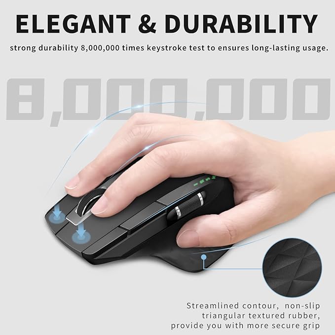 Rapoo Bluetooth Wireless Mouse, 4 Adjustable DPI Rechargeable, Multi-Device (3 Bluetooth+USB) Programmable Ergonomic Mouse with Side Roller, Laser Mouse for Laptop Desktop PC
