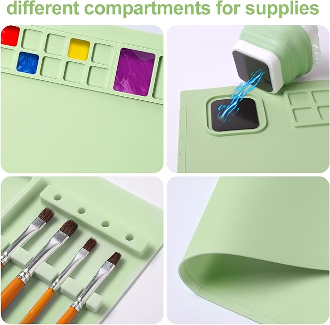 AWOKE Silicone Painting Mat for Table Protection - 20"X16" Washable Art Mat with 1 Water Cup for Kids - Craft Mat has 12 Color Dividers - 2 Paint Palettes (Green), Toddler Activities, Girl Boy Gifts