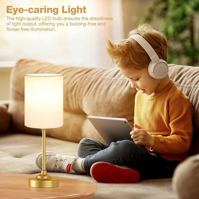 Fenmzee Gold Nightstand Bedroom Lamp - 3 Way Dimmable Bedside Lamp, Small Table Lamp Linen Lampshade for Office Desk, LED Bulb Included