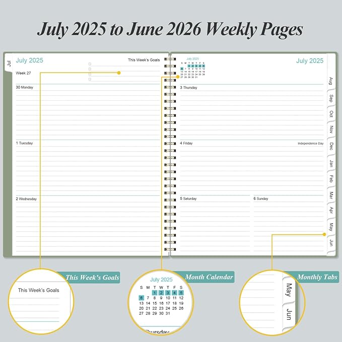 2025-2026 Planner - Academic Planner 2025-2026 from July 2025 to June 2026 with 12 Monthly Tabs, Flexible Cover, Inner Pocket, 8.5" x 11", Green