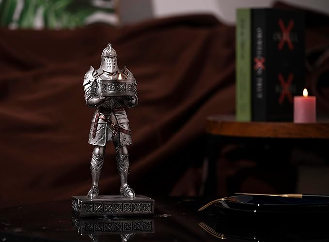 King's Guard Standup Knight Candlestick Holders Resin TeaLight Holder Warrior Mobile Phone Stand Pen Holder Candle Holder for Restaurant, Altar, Home Table(Silver)