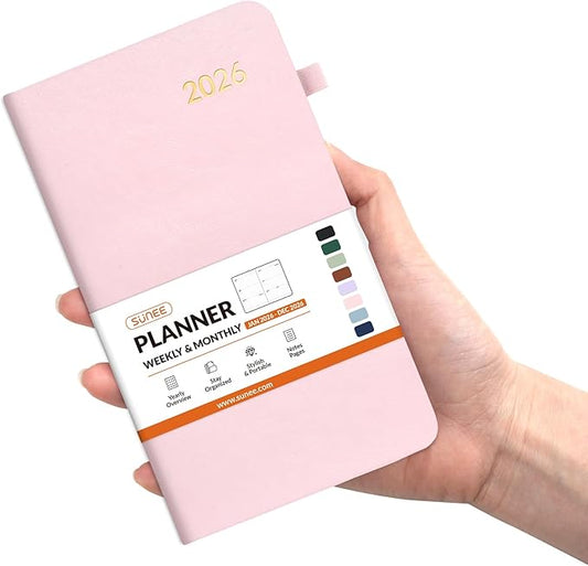 SUNEE 2026 Pocket Weekly Planner for Purse 3.5" x 6" - 12 Month (January 2026 - December 2026), Small Size Planner, Hardcover, Notes, Pocket, 100 GSM Paper, Pink