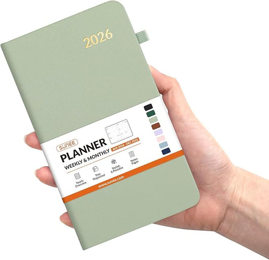 SUNEE 2026 Pocket Weekly Planner for Purse 3.5" x 6" - 12 Month (January 2026 - December 2026), Small Size Planner, Hardcover, Notes, Pocket, 100 GSM Paper, Sage Green