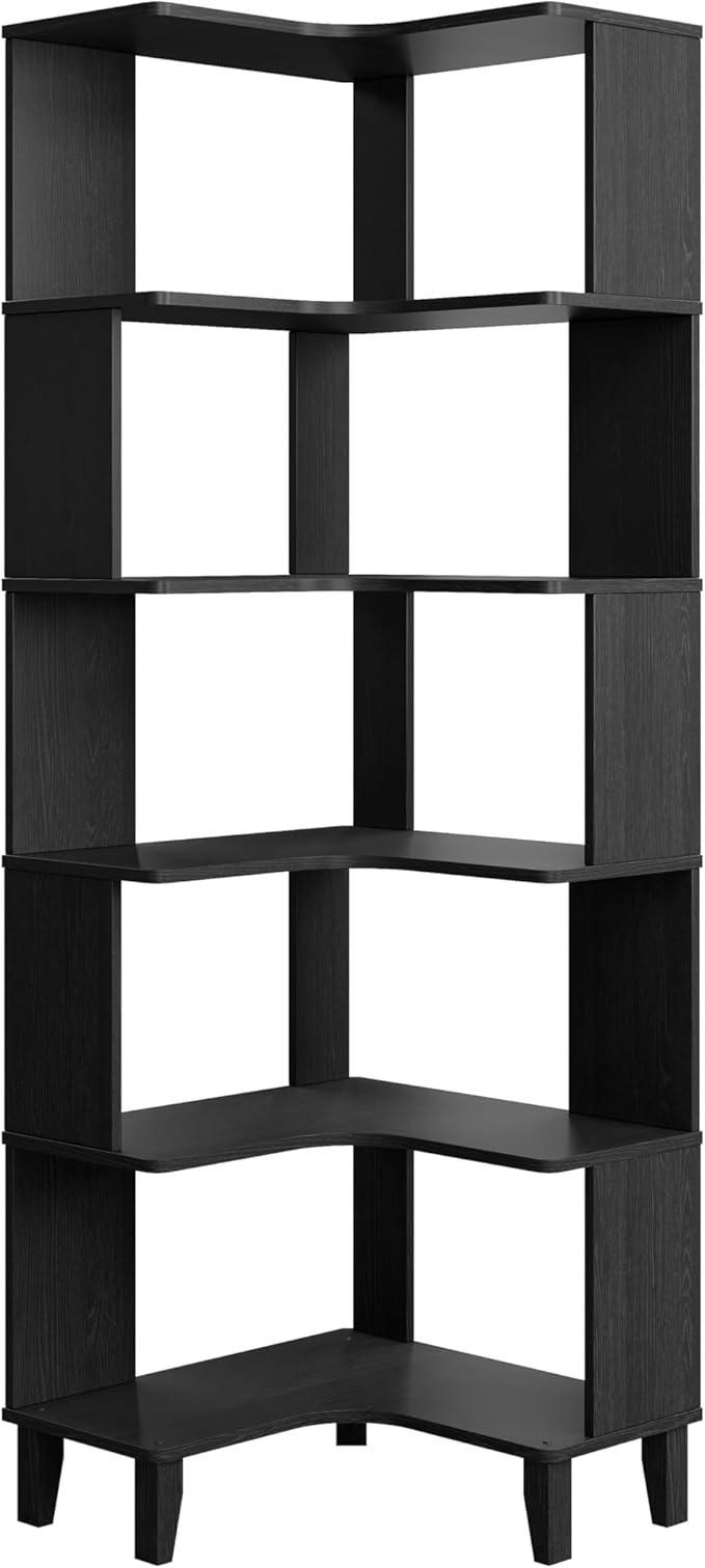 Prepac Nordik 6-Tier Black Modern Mid Century Corner Bookcase, 71.5" Extra Tall Black Corner Shelf with Storage, Multifunctional Freestanding Bookshelf for Home Office, Living Room, Dining Room