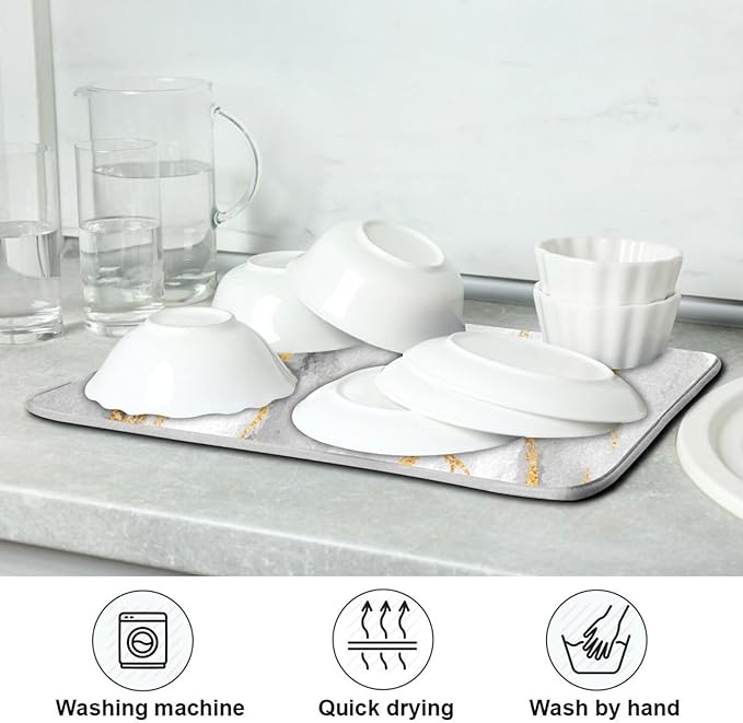 White Marble Dish Drying Mat for Kitchen Counter 16 x 18 Inch Gold Marbling Granite Absorbent Microfiber Dry Dishes Mats Drainer Mat Dish Drying Pad for Countertops
