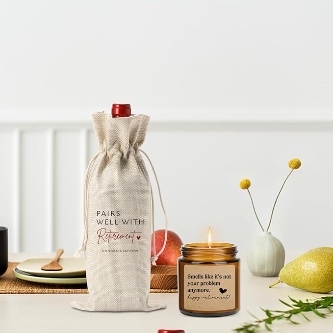 Retirement Wine Bag Scented Candles Set Retirement Gift for Woman, Men - 3.5oz Lavender Scented Soy Wax Candle- Best 2025 Retired Gifts for Women, Men, Friends, Coworker, Teacher