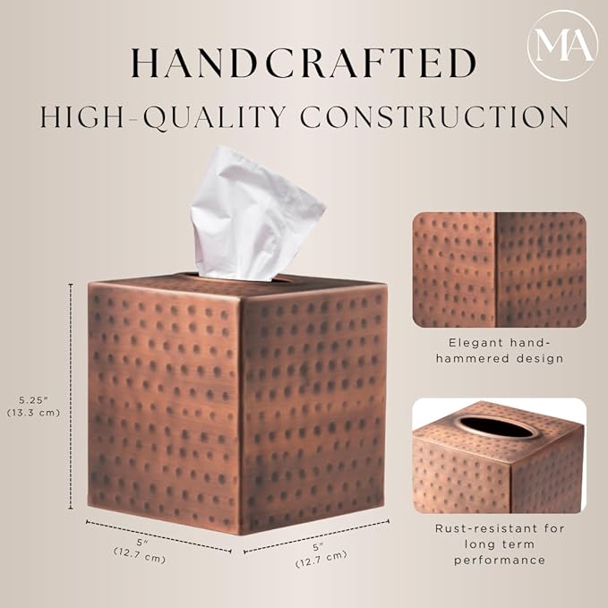 Monarch Abode Tissue Box Cover, Hand Hammered, Metal, Square Tissue Box Holder, Antique Copper Finish
