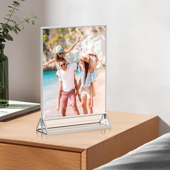 16 Pack 4x6 Clear Acrylic Sign Holders with Silver Borders and Vertical Stand, Double Sided Display Acrylic Table Number Holder for Desktop Table Menu, Wedding, Party, Restaurant