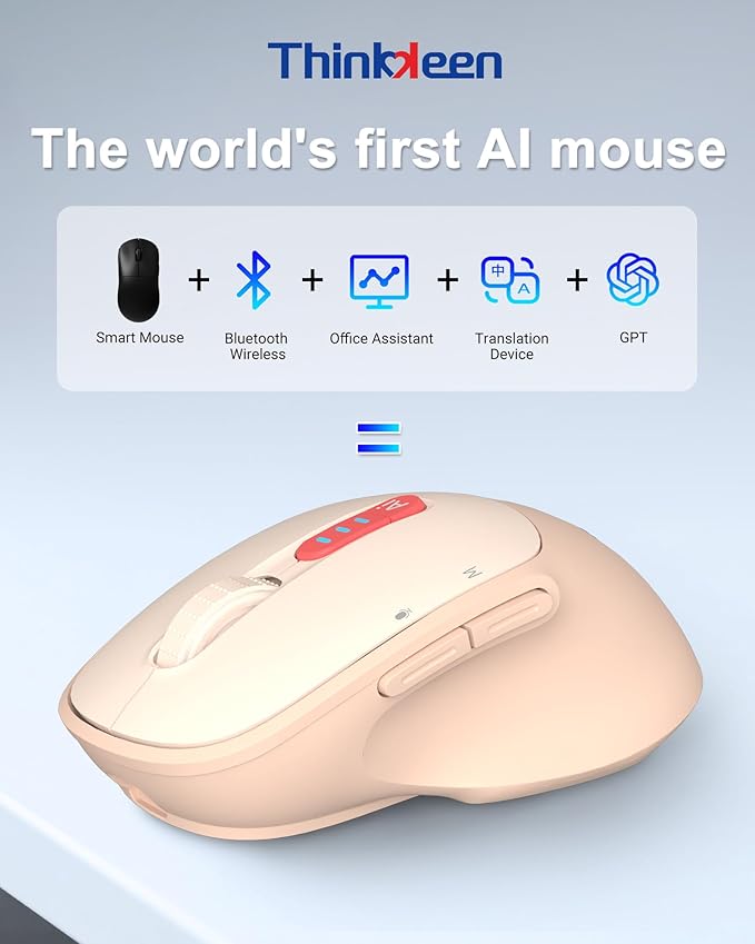 2025 AI Mouse, Bluetooth Wireless Mouse with Voice Input Search, Voice and Word Translation, Form Document Output, Code Generation, AI Writing, AI Drawing, Rechargeable, for Windows, macOS(Pink)