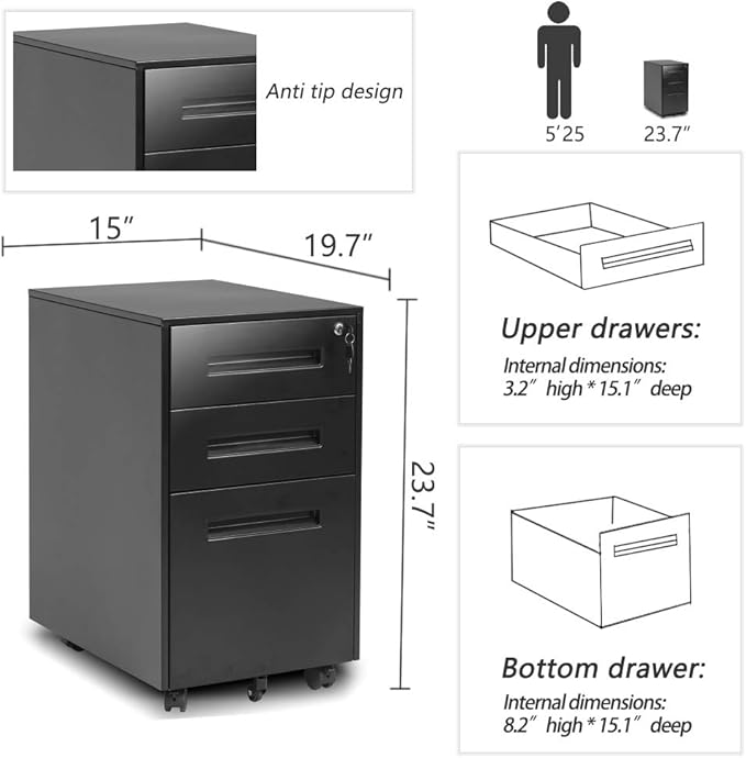 Superday Black 3 Drawer Mobile File Cabinet, Metal Rolling Vertical File Cabinet with Drawers, Small Under Desk Lateral Cabinet for Office and Home, Fully Assembled Except Wheel(B)