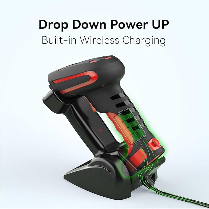 Alacrity Upgraded 2D Industrial Barcode Scanner with Wireless Charging Stand, 1968 Feet Transmission Distance 433Mhz Wireless & Bluetooth 2in1 Barcode Reader, Shock Dust Proof Hands Free, Red