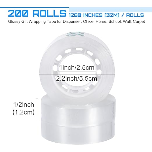 Jetec 200 Rolls Clear Tape Bulk Transparent Invisible Tape Refills 1/2 x 1260 Inches Glossy for Gift Wrapping Dispenser Office School Home Use Gift Wrap Desk Supplies