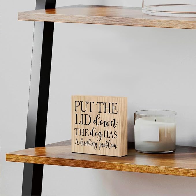 Funny Bathroom Quotes Dog Decor Home Toilet Humor Wooden Box Sign for Bedroom Dining Room Farmhouse Tabletop Bookshelf Wall Decor Wood Color