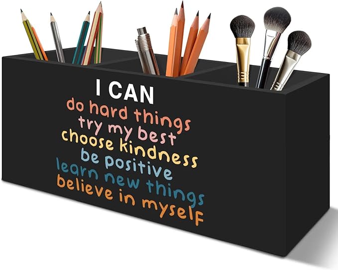 Inspirational Pen Pencil Holder Organizer for Desk Accessories, Boho Classroom Decor, I Can Do Hard Things Motivational Wooden Box Signs Decorations for Counseling Office Desk Tabletop