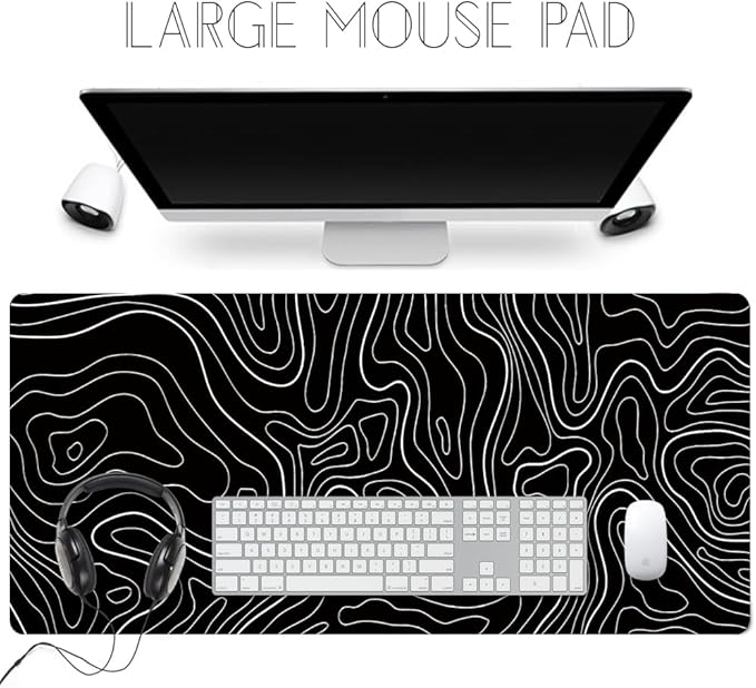 Large Gaming TOPO Keyboard Mouse Pad Black Topographic Mouse Pad with Anti-Slip Rubber Base, Extended XXL Long Gaming Mousepad Big Mouse Pads for Desk,31.5 X 11.8 Inch