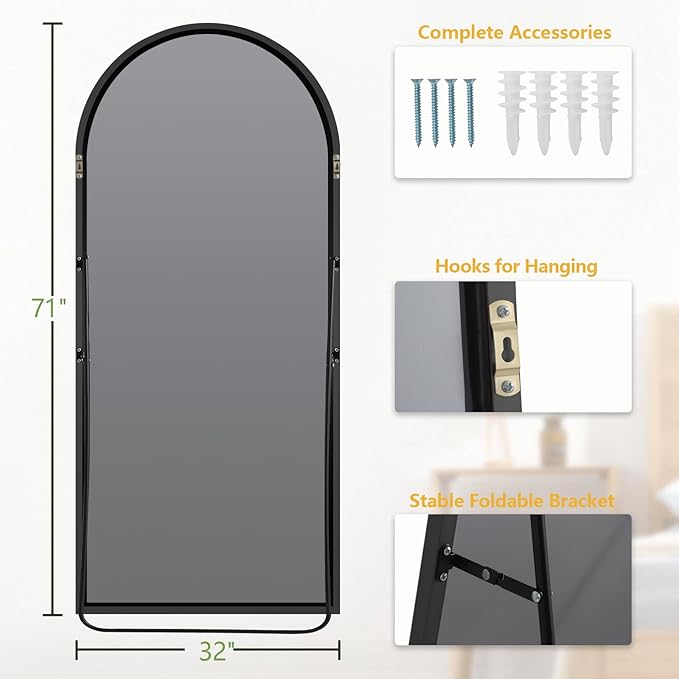 MELOMOIR 71"x32" Large Mirror Full Length, Arched Full Length Mirror with Stand, Large Floor Mirror for Bedroom Living Room Cloakroom Gym, Hanging Standing or Leaning, Black
