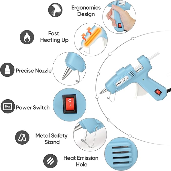 ROMECH 20W Mini Hot Glue Gun with 30 Glue Sticks Set, Fast Preheating Hot Glue Gun Kit Heavy Duty Gluegun for Craft, DIY, Repairs (Cyan)