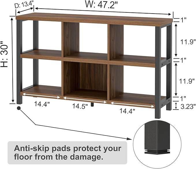 FOLUBAN 6 Cube Storage Organizer Bookshelf, Industrial Horizontal Low Cubby Bookcase for Living Room Bedroom (Rustic Walnut, 47 Inch)