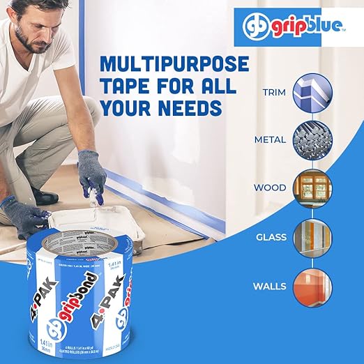 Blue Painters Tape 1.5 Inch Wide, 4 Rolls Masking Tape - Perfect for Precise Lines on Walls & Trim, Multi-Surface, Residue-Free, Easy Removal - Ideal for Indoor & Outdoor Use, 1.41in x 60yds