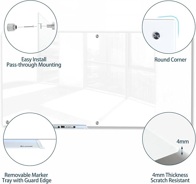 J&J worldwide Magnetic Glass Whiteboard 6' x 4' Ultra White, Large Frameless White Boards for Walls 72 x 48 Inches, Large Dry Erase Board for Office, Home, School