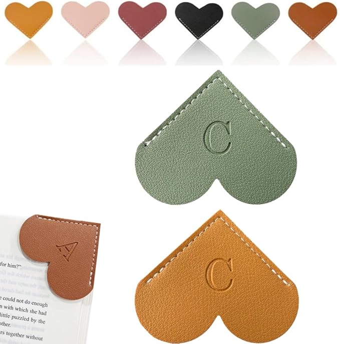 Personalized Leather Heart Bookmark, 26 Letters Customized Corner Book Mark for Reading Women, Book Marker with Initials，Cute Gifts (Green+Light Brown, C)