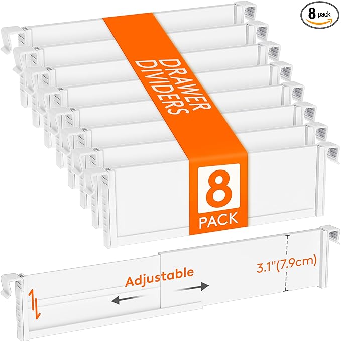 Lifewit Hanging Kitchen Drawer Dividers 3.1" High, 10-17" Adjustable Drawer Organizers for Utensils, Expandable Dresser Separators in Kitchen/Bedroom/Bathroom/Vanity/Office, White(8 Pack)