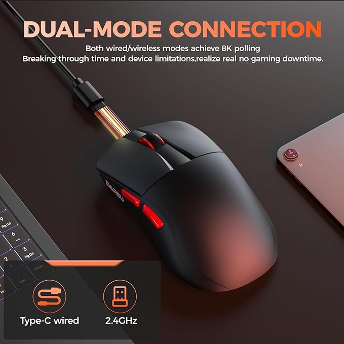 DAREU A950 Wing 8K Lightweight Wireless Gaming Mouse 1.23oz (35g), Custom PAW3950 30K Optical Sensor, Wired/Wireless Dual 8k Polling Rate, Symmetrical, 5 Programmable Buttons,70H Battery