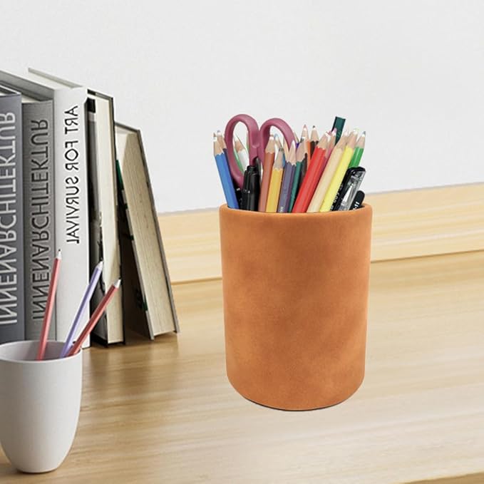 Pen Holder for Desk Pencil Organizer Cute Cup Holders Aesthetic (Yellow Brown, 4" x3.3")