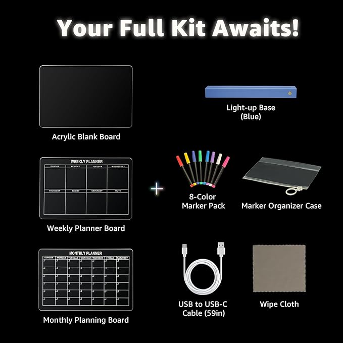 LED Note Board with 8 Colors，Acrylic Dry Erase Board with Light, Clear Monthly/Weekly Calendar, Led Drawing Board for Kids with Stand, 8 Markers, Adapter, Soft Cloth, Holiday Trend Gift (Blue)