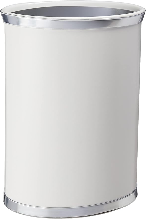 Kraftware Leatherette Wastebasket, 14", White with Brushed Chrome