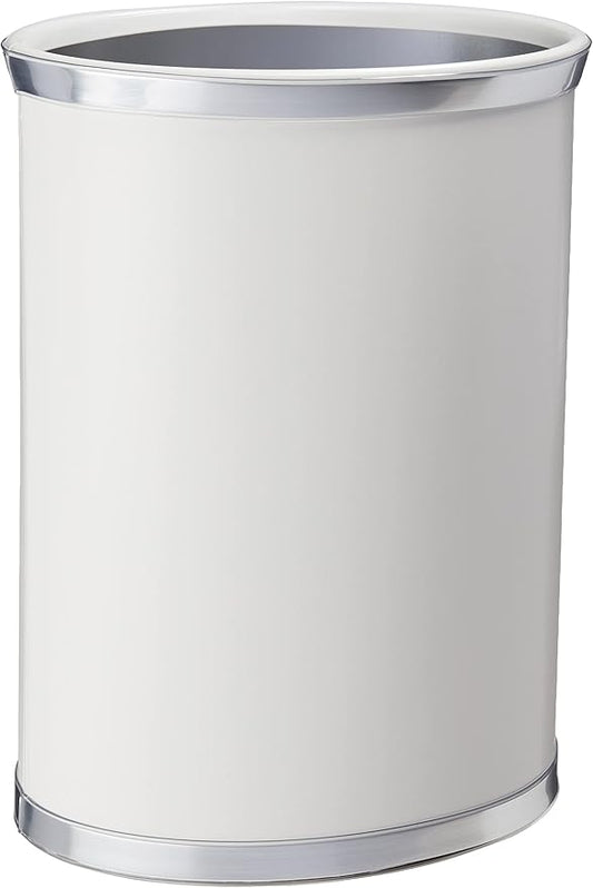 Kraftware Leatherette Wastebasket, 14", White with Brushed Chrome