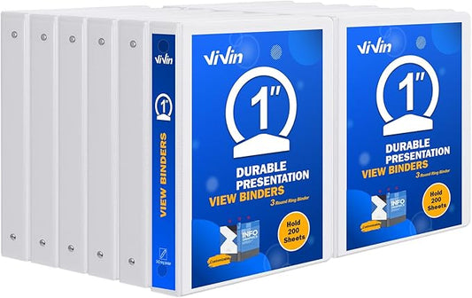 3 Ring Binder 1 Inch, ViVin Sturdy 1"-Round Ring Binder with 2 Interior Pockets, Clear View Cover, PVC-Free, Fits 200 Sheets of 8.5'' x 11'' Paper, Office Home School (12 Pack, White)