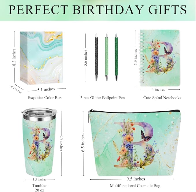 Personalized Gifts Monogrammed Birthday Gifts for Women, Cowerker Mom Mothers Day Christmas Initial 20 oz Tumbler, Makeup Bag Cup Ballpoint Pens Journal Notebook 6 Set, (Aesthetic Green Flower B)
