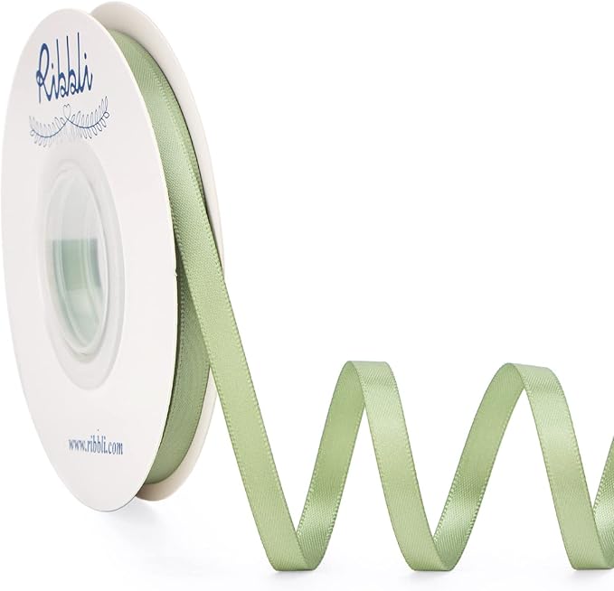 Ribbli Dusty Sage Satin Ribbon Double Faced Satin 1/4 Inch x Continuous 25 Yards-Sage Green Ribbon for Gift Wrapping Crafts Wedding Decoration Bows Bouquet Floral Arrangement