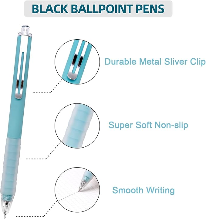 Linbsunne Ballpoint Pens Medium Point 1mm Black Ink Work Pen with Super Soft Grip Ball Point Pen for Men Women Retractable Office Pens (Silver Clip-6 count)