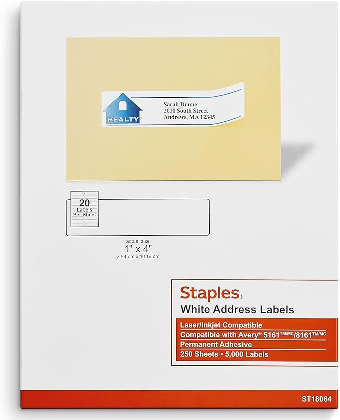 Staples® White Inkjet/Laser Address Labels 1" X 4", 5,000/Box