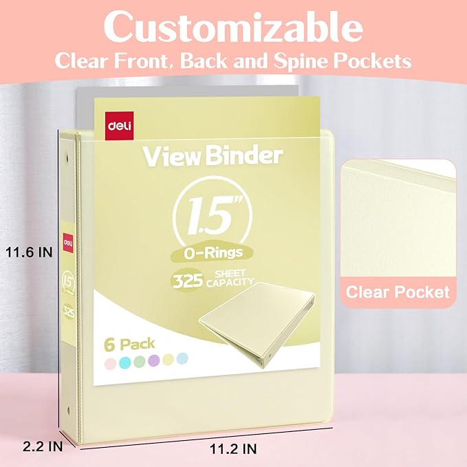 Deli 1.5-inch 3 Ring Binder with 2 Interior Pockets, 325 Sheets Capacity, 1.5 inch Binders fits 11" x 8.5" US Letter Size, Assorted 6 Pastel Colors, 6 Pack