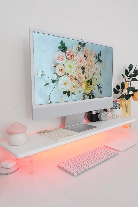 Bamboo Monitor Stand Riser with Acrylic Legs for Desk,31.5 Inches Desktop Shelf Supports for PC Computer Monitor, Laptops, Printer, Speakers (White)