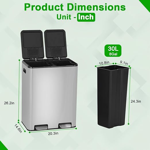 PayLessHere Trash Can, 16 Gallon (2x8G) 60 Liter Rectangular Trash Cans Stainless Steel Step Trash Can with Inner Buckets and Hinged Lids, Suitable for Kitchen Office Home Use,Silver