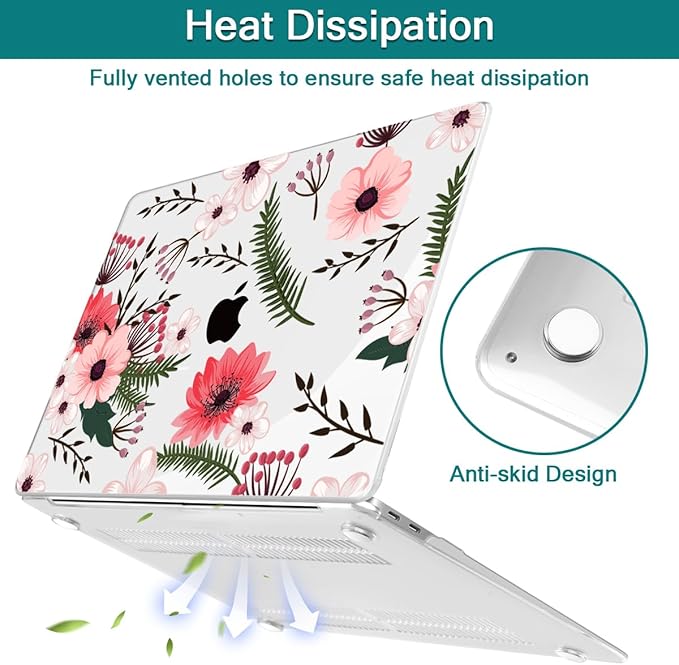 Teryeefi Compatible with M2 M1 MacBook Pro 13 Inch Case A2338 A2289 A2251 A2159 A1989 A1706 A1708 (2024 20203 2022-2016), Hard Shell Case & Keyboard Cover for Mac Pro 13" - W-Floral Pattern