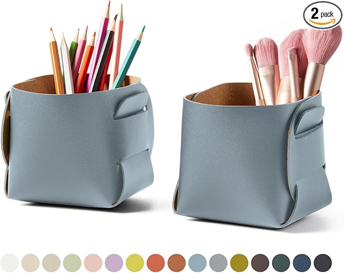HOMIEAZICOZI 2-Pack Cork Leather Desk Accessories Storage - Pencil Pen Holder - Makeup Brush Holder Organizer - Stylish Addition to Home Decor (Light Blue)
