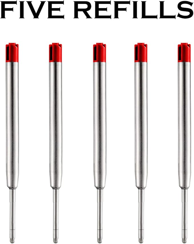 HeTaoCat Red Ink Refill Pack of 5, Replaceable Ballpoint Pen Refills, Medium Point Metal Refil (Red)