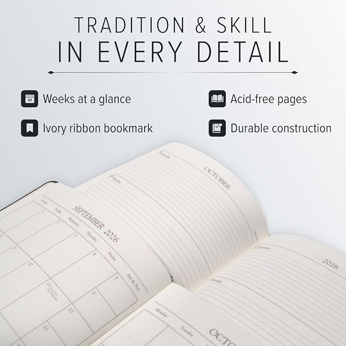 Gallery Leather Desk Weekly Monthly Planner 2025-2026, Elegantly Bound Calendar Planner and Notebook with Stylish Gold-Gilded Page Edges, 12 Months - Monhegan Cocoa - 8 x 5.5 "