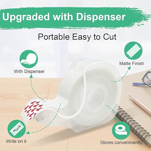 Tape Bulk, Clear Tape, Invisible, Matte Finish, Writable, 3/4 in x 650 in, Transparent Tape, 12 Rolls with Dispensers, Ideal for Gift Wrapping, School Supplies & Office Use