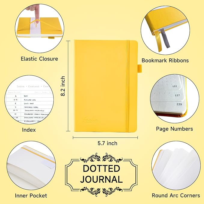 Dotted Journal Kit, Feela Dot Grid Journal Hardcover Planner Notebook Set For Beginners Women Girls Note Taking with Journaling Supplies Stencils Stickers Pens Accessories, A5, 224 Pages, Yellow
