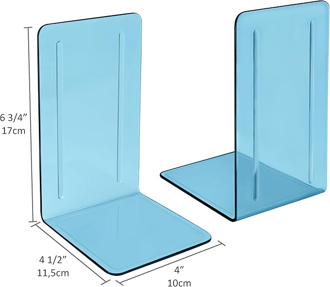 Acrimet Bookends 1 Pair, Clear Plastic Bookends for Shelves or Desktop, Book Holder for Home, Office, Library, School (Clear Blue Color)