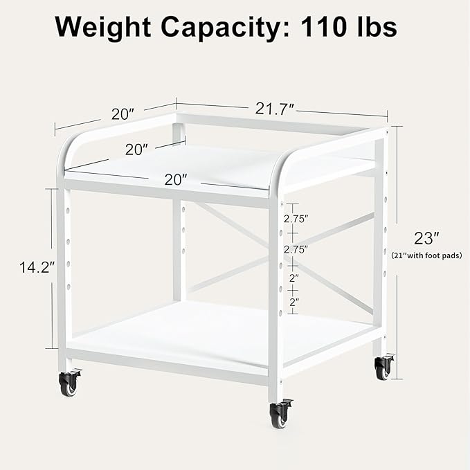 20 Inches Large Printer Stand, 2-Tier Under Desk Printer Table with Height Adjustable Shelf, Rolling Printer Cart with Industrial Wheels for Home Office (White)