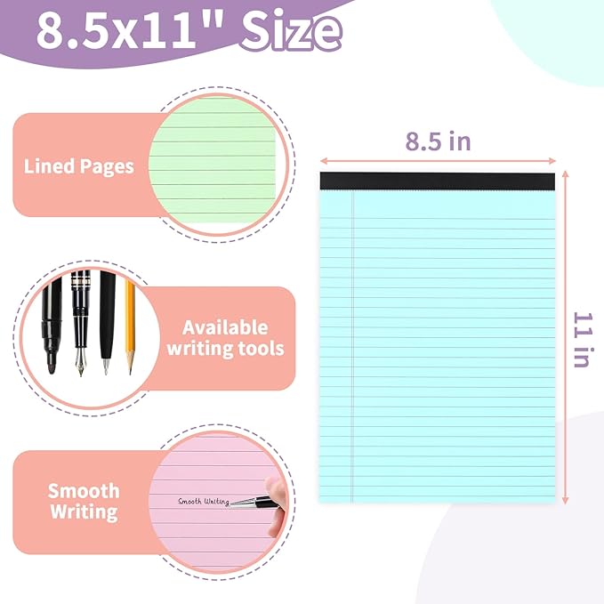 Colored Legal Pads, 3 Pack Writing Pads 8.5 x 11 inch, Micro Perforated Notebooks with Sturdy Back, Wide Ruled, 30 Sheets Per Writing Pad for School, College, Office, Professional (Blue/ Pink/Green)