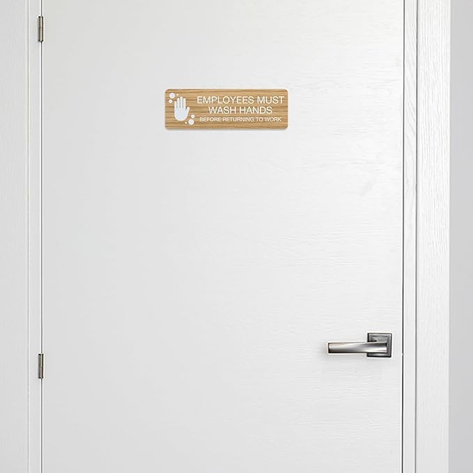 SBLABELS Employees Must Wash Hands Indoor Easy Adhesive Mount Door and Wall Sign for Restaurants and Small Businesses 3" x 9" - Light Wood